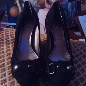 Black suede COACH wedges